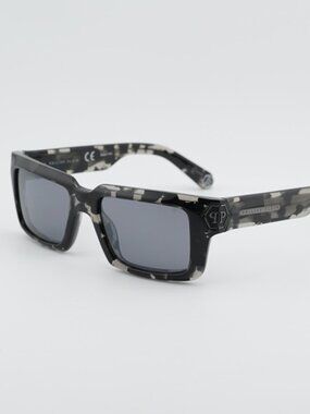 Philipp Plein SPP044M 809X Sunglasses Black Rectangle Frame, Smoke Lenses
